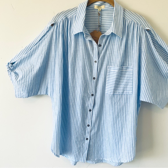 NWT Pin Striped Button Front Shirt Size Small Open Tie Sleeve Collared Pocket - Picture 7 of 16